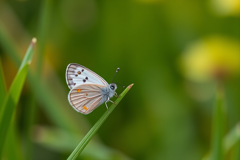 Generate an image of a small butterfly perched on a green grass blade. The butterfly has delicate, patterned wings with shades of gray and orange. The background is softly blurred with various shades of green, creating a serene natural environment.