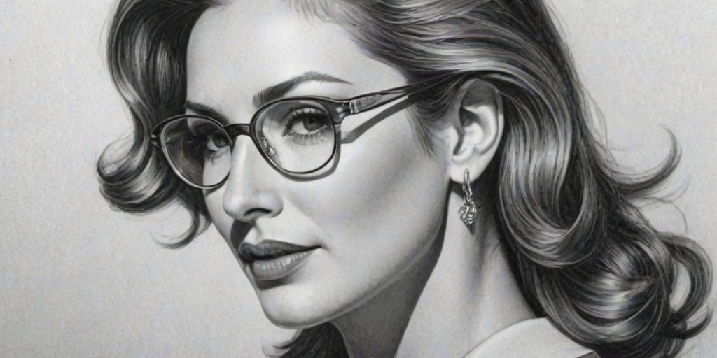Radiant Daisy Fuentes, pencil sketch, portrait of Stunning woman 1938s in glasses, hair style beatnik, outline, clear lines, fine lines, 8k