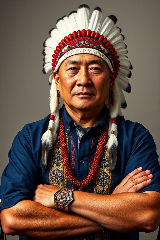 Create a dignified portrait of a Native American man dressed in traditional attire. He wears a beautifully crafted headdress adorned with white feathers and red beads, along with a beaded headband featuring intricate patterns. His clothing includes a deep blue, patterned shirt and a traditional chest piece with detailed beadwork. His arms are crossed, displaying leather armbands decorated with feathers. The background is simple and neutral, emphasizing his proud and stoic expression. The overall image captures the rich cultural heritage and strength of his persona.
