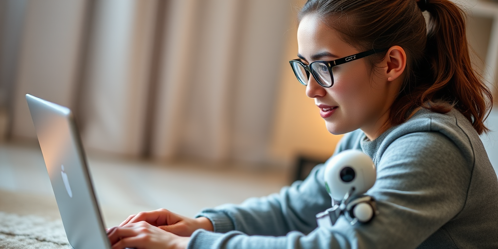 Create an image of a young woman with glasses sitting on the floor and working on a laptop with a small robot beside her, soft lighting, blurred background, 50mm lens, f/1.8 aperture, ISO 200, focus on the woman and robot, vibrant colors.