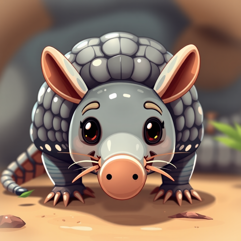 Create a high-resolution cartoon-style image of an armadillo with a glossy finish, captured in a soft-focus view using a DSLR camera with a 50mm lens, aperture set to f/2.8, ISO 100, and a slight vignette effect for depth.