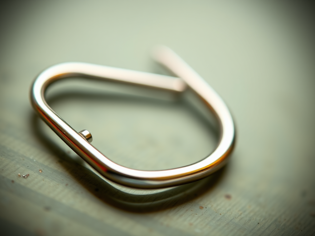 Create a high-resolution image of a safety pin with a shiny metallic finish, captured in a macro view using a DSLR camera with a 50mm lens, aperture set to f/2.8, ISO 100, and a shallow depth of field for a blurred background effect.