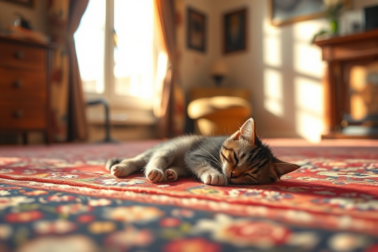 A cozy interior scene featuring a sleeping kitten on a richly patterned rug, soft sunlight streaming in through a window, warm colors, depth of field, f/2.8 aperture, 50mm lens, DSLR camera, natural light.