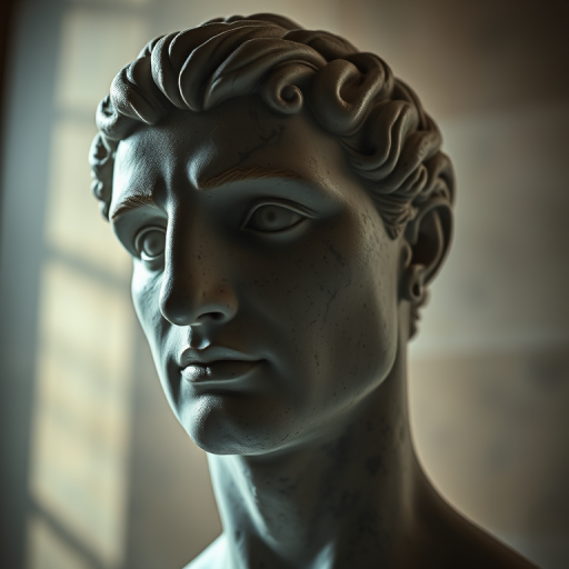 Create a high-resolution image of a sculpted head in a classical style with dramatic lighting, shot from a low angle using a 50mm lens at f/1.8, capturing intricate details and textures in a soft focus background, digital camera style.