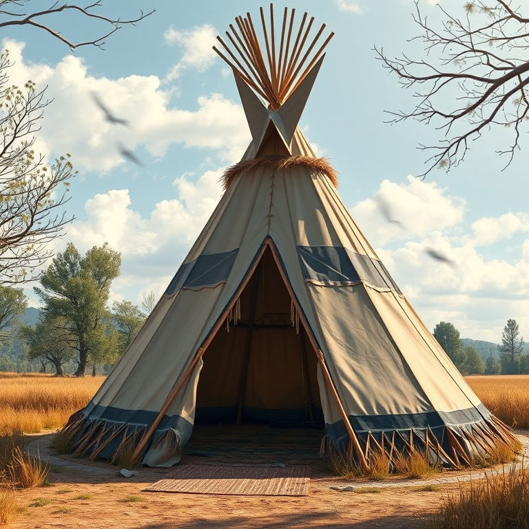 Create a detailed, high-resolution illustration of a traditional teepee in a natural setting, shot using a Canon EOS R5 at f/8, 1/125s, ISO 100, with a wide-angle lens to capture the surroundings, in soft natural light, emphasizing texture and color.