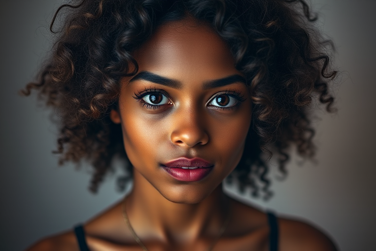 Create a vibrant digital portrait of a young woman with curly hair and large expressive eyes, using a Canon EOS R5 with a 50mm lens, aperture set to f/1.8, ISO 100, and a soft, diffused lighting setup for a warm and inviting atmosphere.