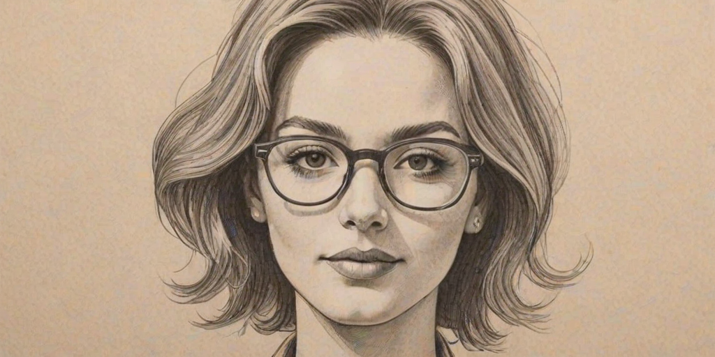 Fetching Maddie Baillio, pencil sketch, portrait of Lovely woman 1974s in glasses, hair style beatnik, outline, clear lines, fine lines, 8k