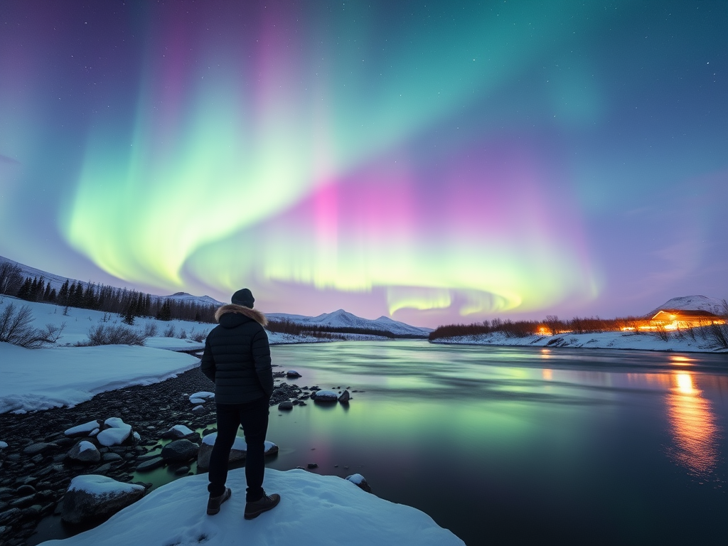 a person standing by a calm river under a vibrant aurora borealis in a snowy landscape, capturing the ethereal glow of the lights and reflections in the water, using a Canon EOS R5 with a 24mm f/1.4 lens, aperture set to f/2.8, ISO 800, shutter speed 1/60 sec, shot during twilight for enhanced colors and contrast, long exposure style to capture motion in the skies and smooth water reflections