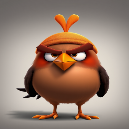 Create a cartoon-style image of an angry bird with a brown body and an orange beak, wearing a small orange hat, focused with a 50mm lens, f/2.8 aperture, ISO 100, in a studio setting with soft lighting for enhanced quality.