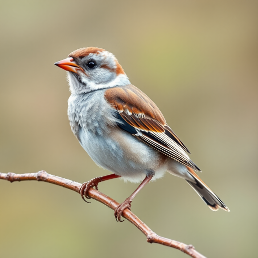 Create a high-resolution watercolor illustration of a sparrow perched on a branch, capturing intricate feather details with a soft bokeh background, using a DSLR camera with a 50mm lens at f/2.8, ISO 200, and a shutter speed of 1/250s, focusing on vibrant colors and fluid brush strokes.