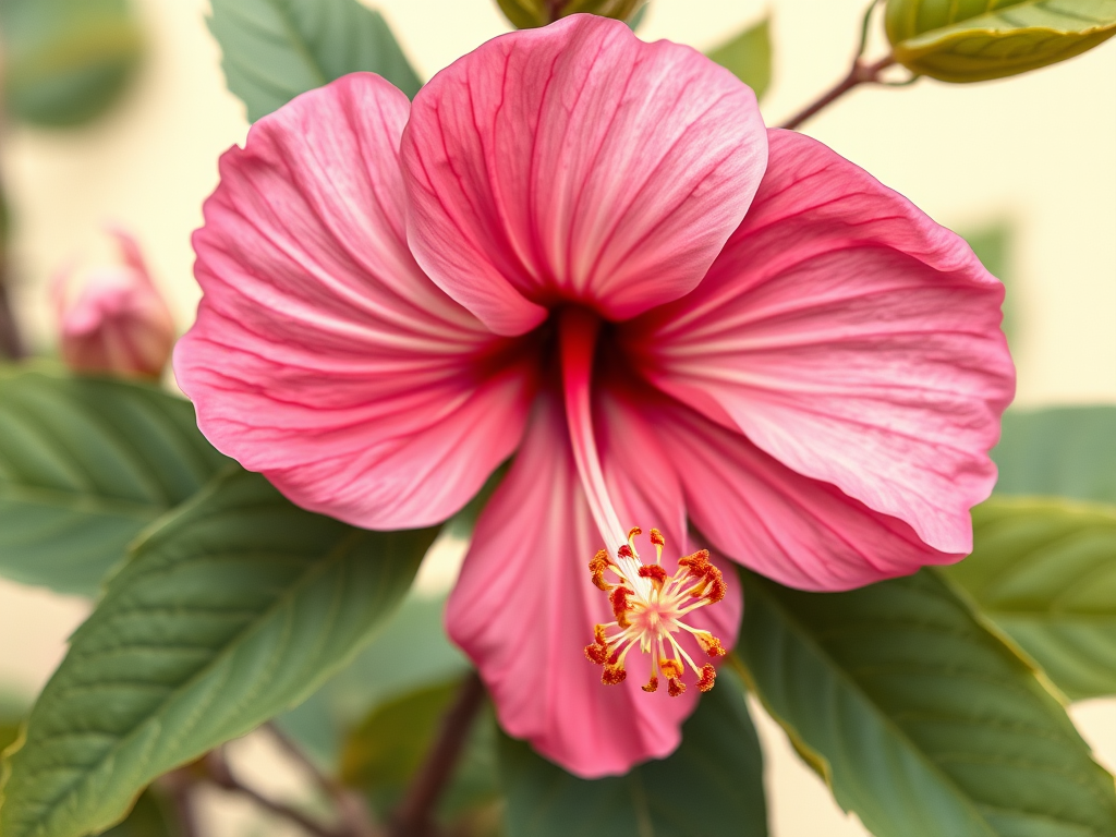 Create a vintage botanical illustration of a pink hibiscus flower with detailed leaves, using a macro lens, f/4 aperture, 1/125 shutter speed, ISO 100, shot in natural light from a top-down view with a soft focus background.