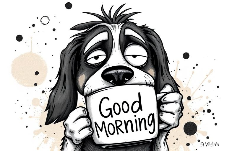 A quirky, artistic illustration of a disheveled basset jack dog breed with exaggerated, large eyes and spiky fur, holding a coffee mug that reads "Good Morning". The dog has a tired but humorous expression, with ink splatters and abstract details surrounding it, giving a whimsical feel to the image. The color palette is mostly monochrome with hints of white in the eyes and steam rising from the mug, enhancing the overall sleepy vibe