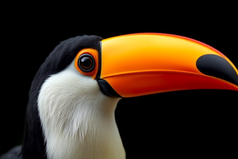 Close-up portrait of a black and white toucan with vibrant orange beak against a dark background, taken with a DSLR camera at f/2.8, ISO 200, 1/500 sec, using a 100mm macro lens, soft-focus background for enhanced detail.