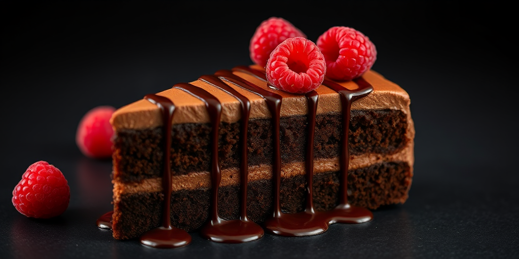 A delicious slice of chocolate cake with rich chocolate frosting drizzled with chocolate sauce topped with fresh raspberries on a dark background.
