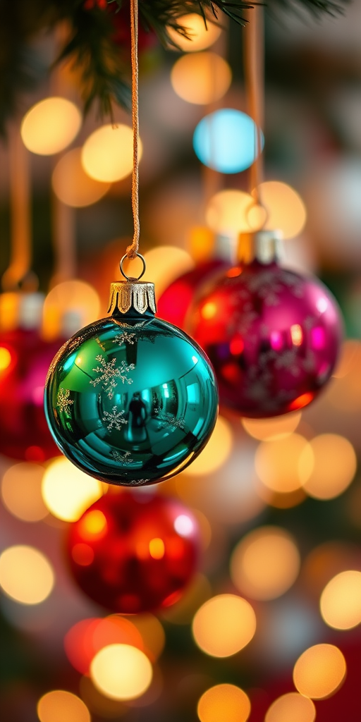 create an abstract close-up image of colorful Christmas ornaments hanging with a blurred bokeh background using a DSLR camera, f/2.8 aperture, 50mm lens, ISO 100, soft focus for vibrant colors, warm lighting to enhance the festive atmosphere