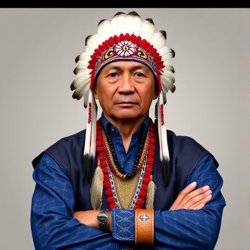 Create a dignified portrait of a Native American man dressed in traditional attire. He wears a beautifully crafted headdress adorned with white feathers and red beads, along with a beaded headband featuring intricate patterns. His clothing includes a deep blue, patterned shirt and a traditional chest piece with detailed beadwork. His arms are crossed, displaying leather armbands decorated with feathers. The background is simple and neutral, emphasizing his proud and stoic expression. The overall image captures the rich cultural heritage and strength of his persona.