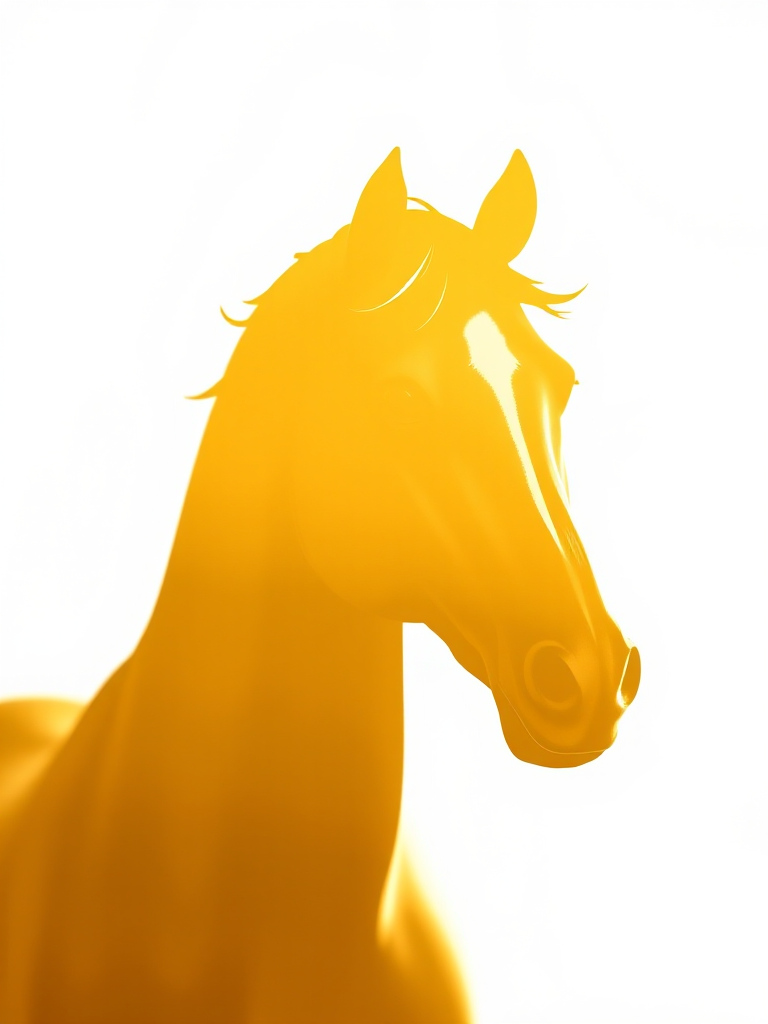 Create an elegant, high-resolution image of a stylized horse silhouette in gold and white, using a Canon EOS R5 with an f/2.8 aperture, 50mm lens, and a shallow depth of field, capturing the composition from a frontal view with soft natural lighting for a refined finish.