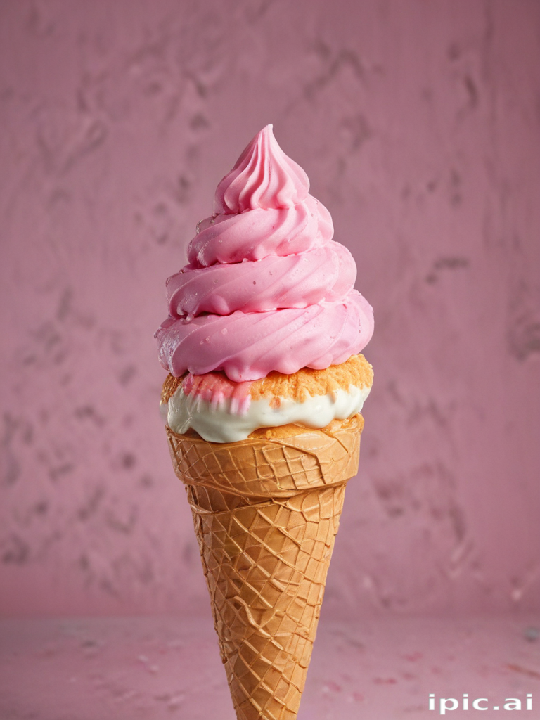 Delicious Twisted Pink Ice Cream Cone with Creamy Vanilla Base Delight.