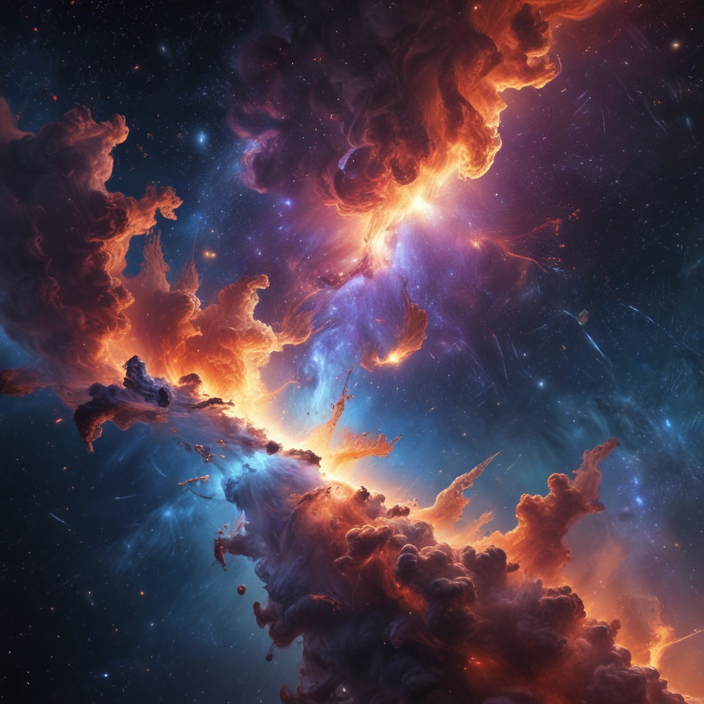 Stunning Cosmic Scene: Vibrant Nebula with Fiery Colors and Ethereal Clouds
