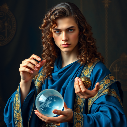 Create a high-resolution portrait of a figure resembling a Renaissance painting, featuring a young man with long, curly hair holding a crystal ball in one hand and a mysterious object in the other, dressed in rich blue and gold robes, captured with a full-frame DSLR camera at f/1.8, ISO 100, and a 50mm lens, in soft natural lighting and a slightly blurred background for depth.