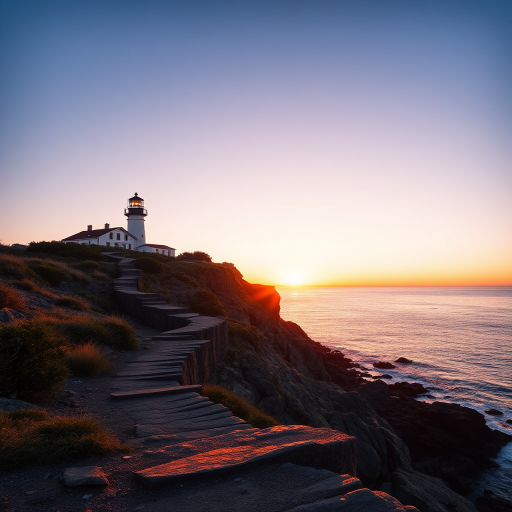Generate a coastal sunset scene featuring a lighthouse on a rocky cliff with a winding path leading to it, using a DSLR camera with a 24mm lens, f/8 aperture, ISO 100, and a golden hour perspective for enhanced lighting and detail.