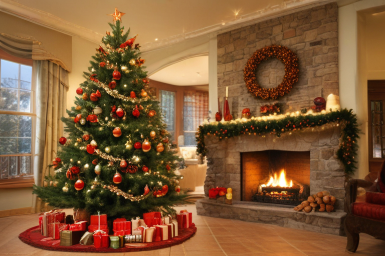 A Cozy Christmas Scene Featuring a Decorated Tree and Fireplace.