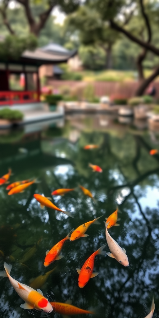 Soft-focus image of a tranquil koi pond in a Japanese garden, with colorful fish swimming beneath the surface, soft reflections of trees creating a serene atmosphere.