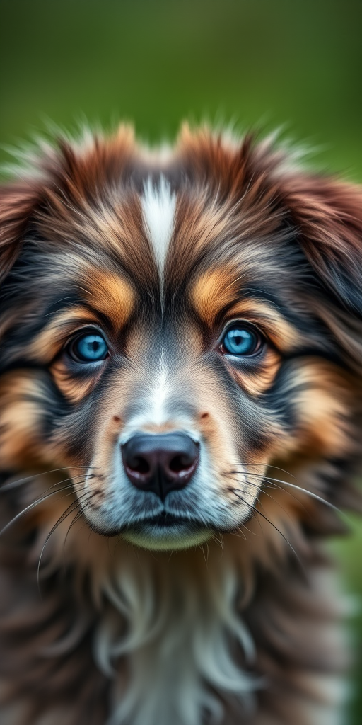Create a close-up portrait of a fluffy dog with blue eyes, set against a blurred green background, using a DSLR camera with a 50mm lens at f/2.8, ISO 200, and shutter speed of 1/200s, focus on the dog's face with a soft bokeh effect.