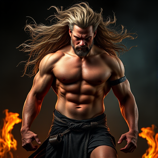 Regenerate the image of a powerful, muscular figure resembling a mythological god with flowing hair and a dramatic pose, set against a dark background with flames emanating from behind, captured with a Canon EOS R5, 50mm lens, f/1.8 aperture, ISO 100, 1/200 sec shutter speed, emphasizing sharp details and high contrast.