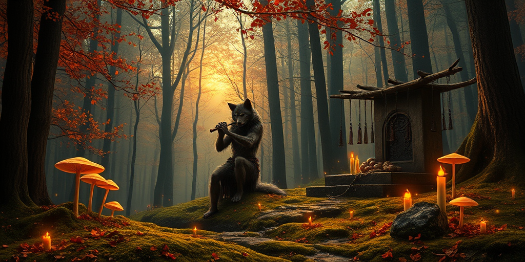 A werewolf plays his flute at dusk in a dense autumn forest, surrounded by glowing mushrooms and floating fireflies on the moss-covered ground, near an ancient stone altar with offerings hanging from it, and the air is filled with A mysterious atmosphere. Unseen eyes watch from the trees, the music of Satiris is woven through the woods like a spell, the colors are negative gold, orange and crimson, the environment is senseless and otherworldly, a hidden place of ancient rituals