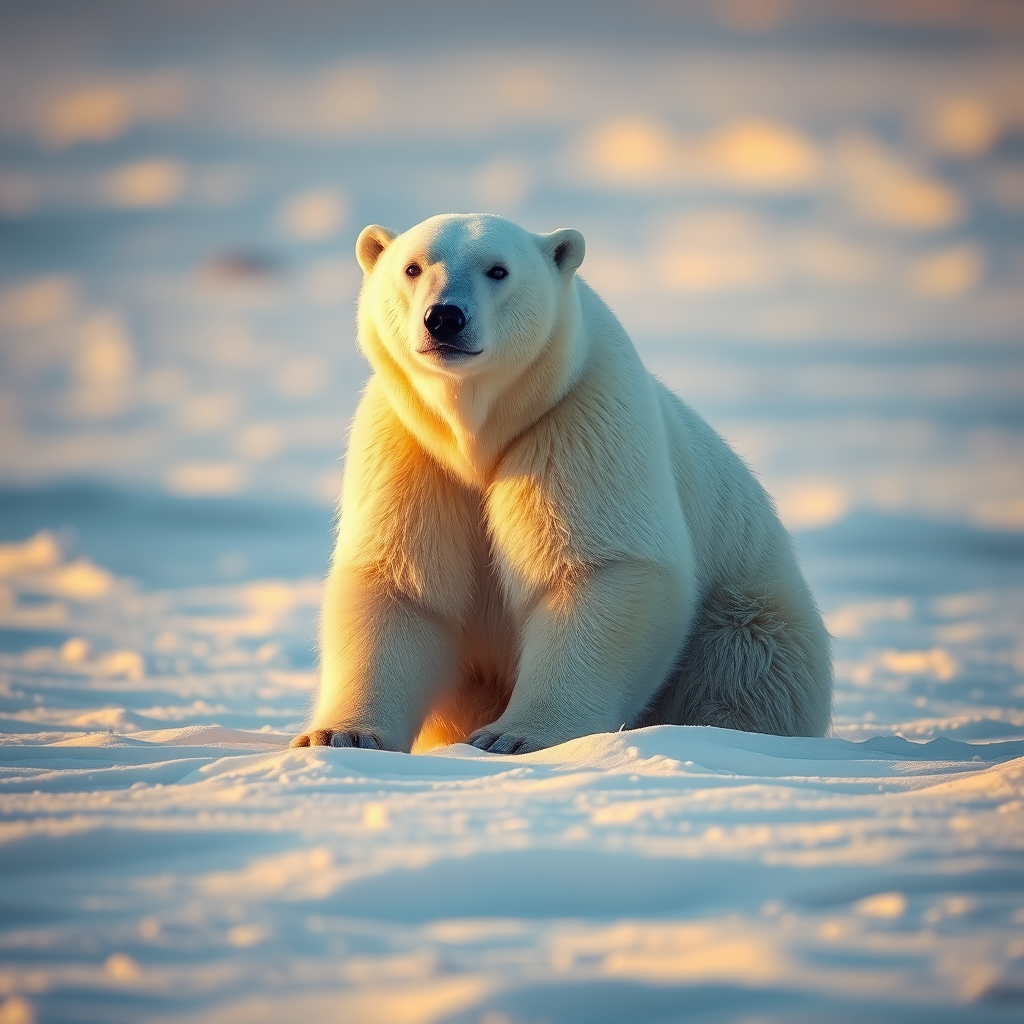 Create a hyper-realistic painting of a polar bear sitting on a snowy landscape, captured in soft golden lighting, using a digital camera with a 50mm lens at f/1.8 to enhance depth of field, in a landscape orientation, with a focus on texture and detail.
