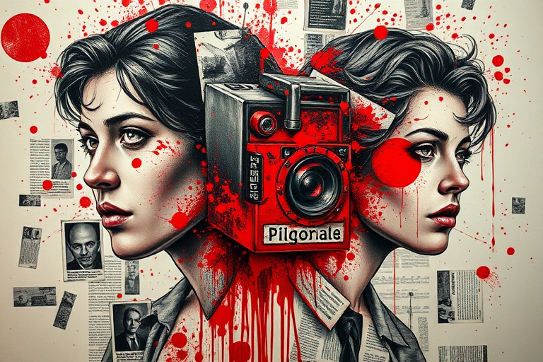 Trash polka tattoo titled "Urban Decay" juxtaposing realistic portraits with abstract splashes of vibrant red ink, incorporating torn newspaper clippings and graffiti-style elements to create a chaotic yet harmonious composition, perfect for chest, back, or full sleeve placement