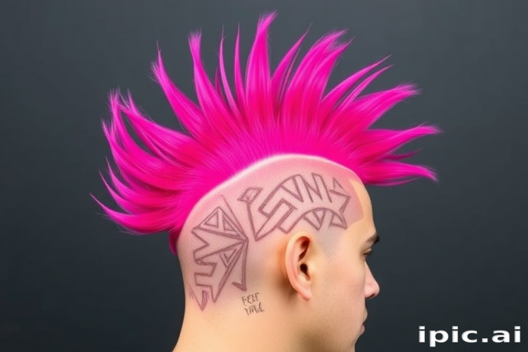 Bold magenta mohawk called "Rebel Rose," stands tall and proud with shaved sides, featuring intricate geometric patterns etched into the buzzed areas, while the vibrant center strip is styled into spiky tufts for a fierce and daring statement