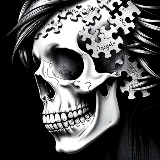 Create a high-contrast black and white illustration of a skull merging with a woman's face, featuring intricate puzzle pieces, shot with a Canon EOS R5, 50mm lens, aperture f/1.8, ISO 100, in a close-up view, using a monochromatic style.