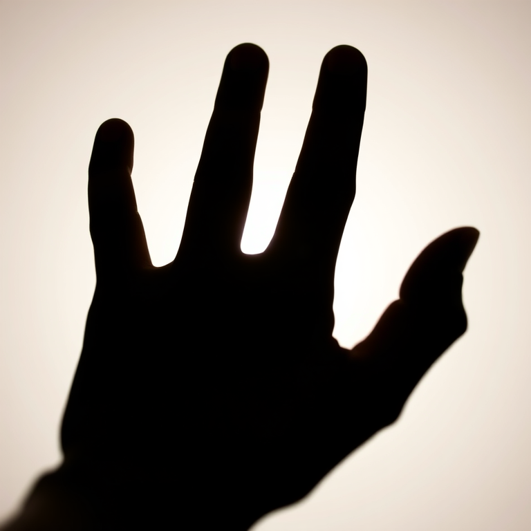 high-resolution image of a raised human hand silhouette against a light background, taken with a DSLR camera, f/2.8 aperture, 1/250 shutter speed, 50mm lens, natural lighting, focused on the hand's contours and details
