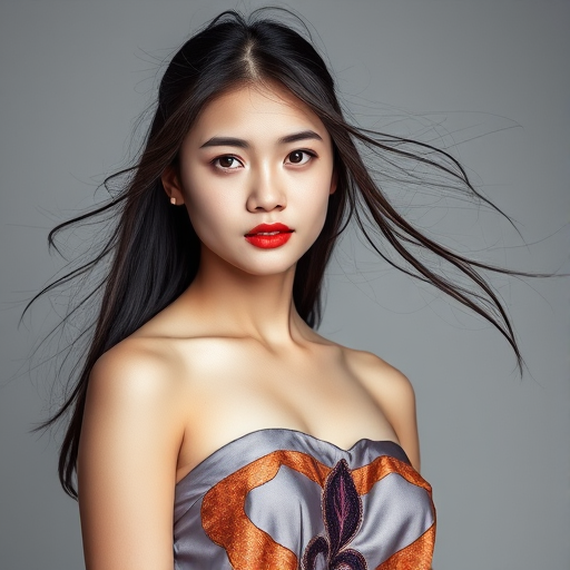 Photographic image of a beautiful young Tibetan woman, white eyes, lips with orange lipstick, long hair fluttering in the wind and wearing a silk strapless dress with a soft purple and orange print. monochrome image with only color highlights in the iris of the eyes, lipstick and dress. Gray background.