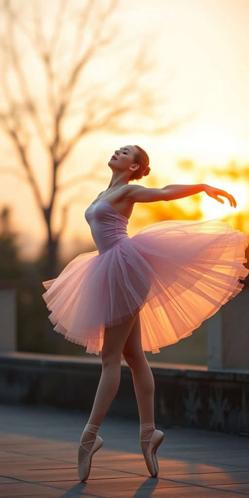 Create a high-resolution image of a graceful ballet dancer in motion, wearing a soft pink tutu, captured at sunset with a shallow depth of field, using a DSLR camera with a 50mm lens, aperture set to f/1.8, ISO 100, and a soft focus effect for ethereal quality.