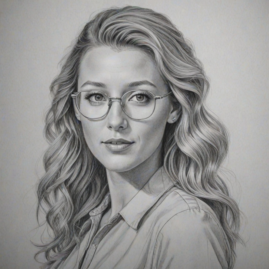Charming Blake Lively, pencil sketch, portrait of Fascinating woman 1948s in glasses, hair style beatnik, outline, clear lines, fine lines, 8k