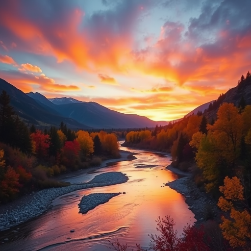 A vibrant landscape at sunset with a winding river, mountains in the background, and colorful trees in the foreground, taken with a Canon EOS R5 at f/8, ISO 100, with a 24-70mm lens, using a wide-angle view to capture the expansive scene and enhance depth.