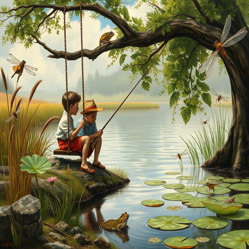 Imagine a small group of old fashioned young boys out fishing by the creek, a swing hanging from a tree branch, reeds and grasses by the water's edge, a frog sitting on a lily pad, dragonflies hovering over som water plans, a very iconic old fashioned scene reminiscent of a Norman Rockwell painting style