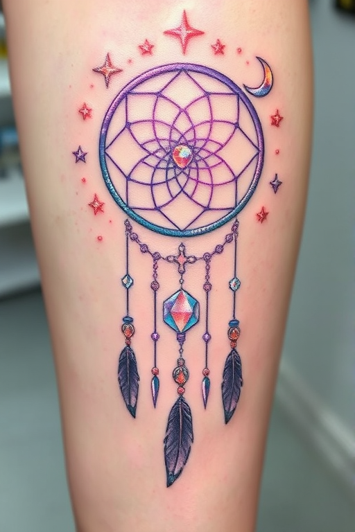 Ethereal "Celestial Dreamcatcher" tattoo features a gossamer-thin web of iridescent lines, adorned with shimmering stars and crescent moons. Soft pastel hues of lavender, mint, and rose gold create a dreamy atmosphere, while subtle white ink highlights add a touch of magic. Dangling feathers and crystals complete this ethereal design, perfect for those seeking a whimsical and enchanting tattoo.