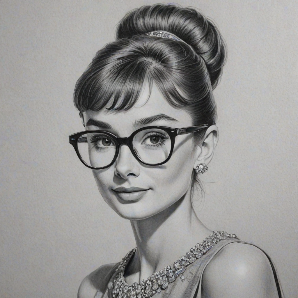Stunning Audrey Hepburn, pencil sketch, portrait of Lovely woman 1922s in glasses, hair style beatnik, outline, clear lines, fine lines, 8k