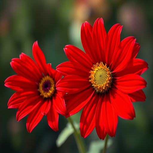 A vibrant digital painting of two blooming red flowers with intricate petals and bright yellow centers, captured with a high-resolution camera at f/2.8, ISO 100, 50mm lens, shallow depth of field, soft natural lighting.