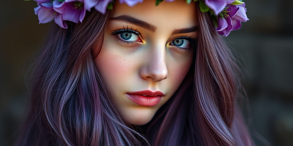 Create a highly detailed portrait of a young woman with long purple hair adorned with a floral crown featuring purple flowers and crystals, using a Canon EOS R5 camera with a 50mm f/1.2 lens, set at ISO 100, aperture f/1.2, shutter speed 1/200 sec, in soft natural light, utilizing a high dynamic range style to enhance colors and depth.