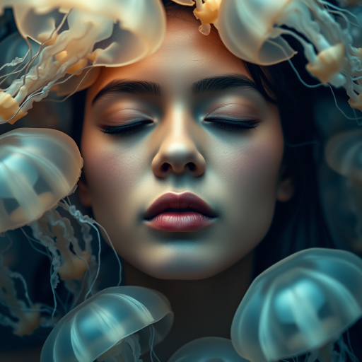 Create a high-resolution portrait of a person with closed eyes surrounded by ethereal jellyfish, shot using a Canon EOS R5 with a 50mm f/1.2 lens at ISO 100, aperture f/2.8, and shutter speed 1/200s, captured from a close-up angle, in a soft, diffused lighting style to highlight the details and textures of the jellyfish and the subject's features.