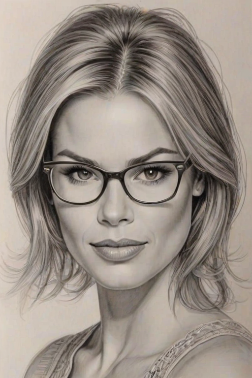 Magnificent Brooke Burns, pencil sketch, portrait of Bewitching woman 1968s in glasses, hair style beatnik, outline, clear lines, fine lines, 8k