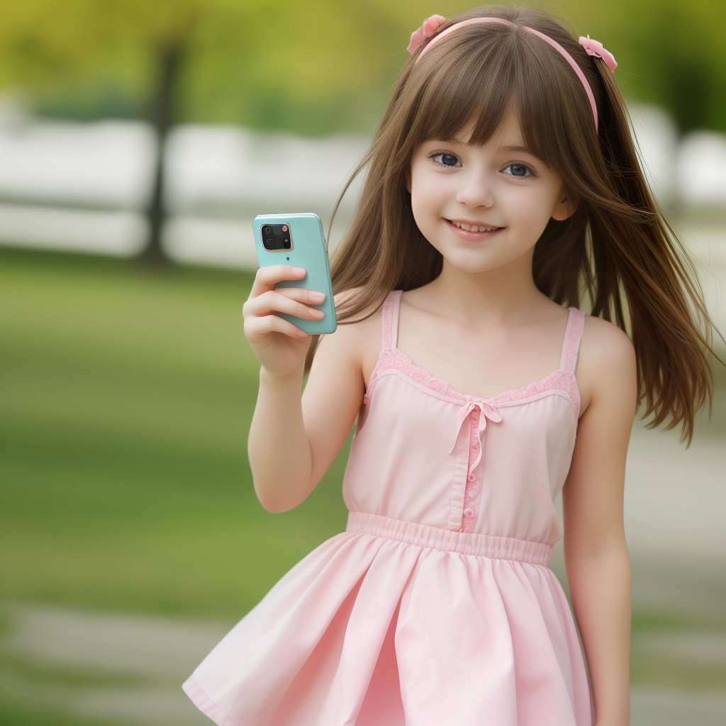 A Happy Young Girl in a Pink Dress Holding a Smartphone Outdoors.