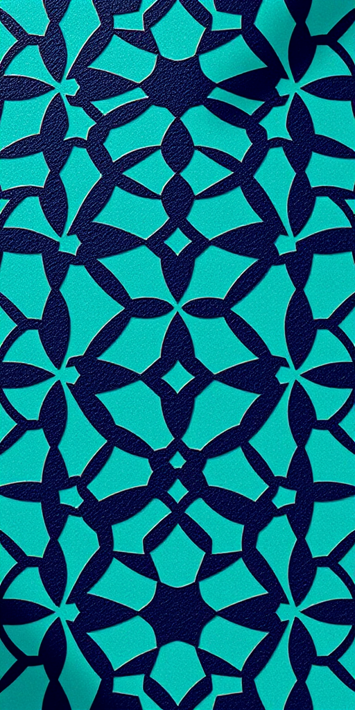 Regenerate the image with a vibrant geometric pattern in shades of teal and navy, featuring interlocking shapes and fine details, captured with a Canon EOS R5 at f/8, ISO 100, 50mm lens, overhead view in natural light to enhance clarity and contrast.