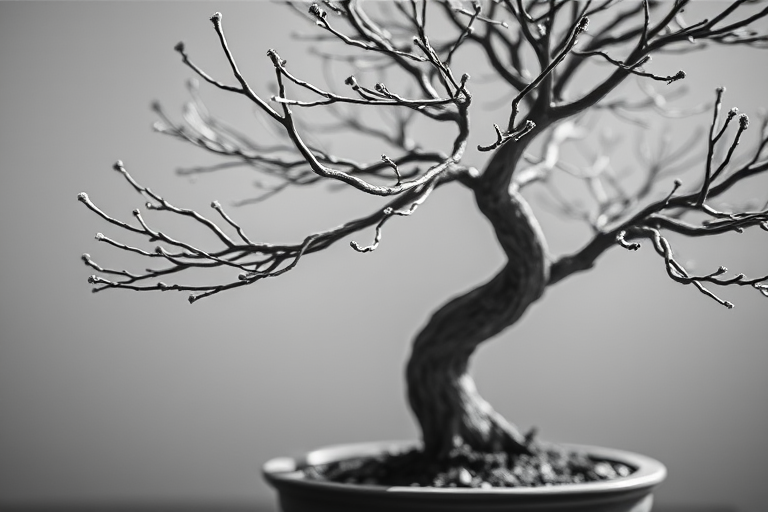 A minimalist black and white photograph of a bonsai tree with a focus on intricate branches and textures, captured in natural light using a DSLR camera with a 50mm lens, f/1.8 aperture, ISO 200, and a shallow depth of field for a soft background blur.