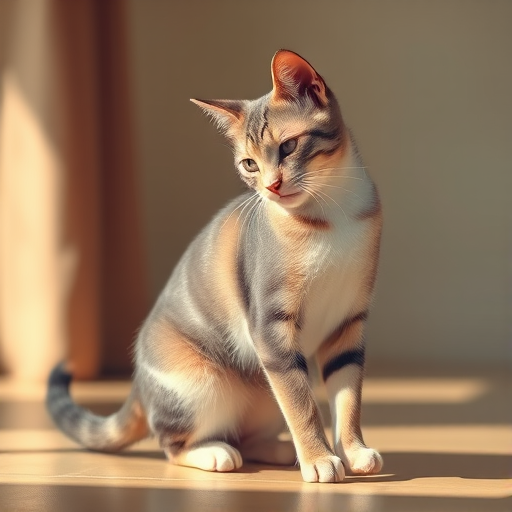 Create a detailed illustration of a cat in an elegant pose, capturing its graceful movement, with soft lighting and a blurred background to enhance focus on the subject, using a DSLR camera with a 50mm lens, aperture set to f/2.8, ISO 100, and shutter speed of 1/200s for optimal clarity.